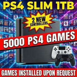PS4 Slim 1TB - (5k PS4 GAMES) – installed on request + 2 NEW IN BOX Controllers