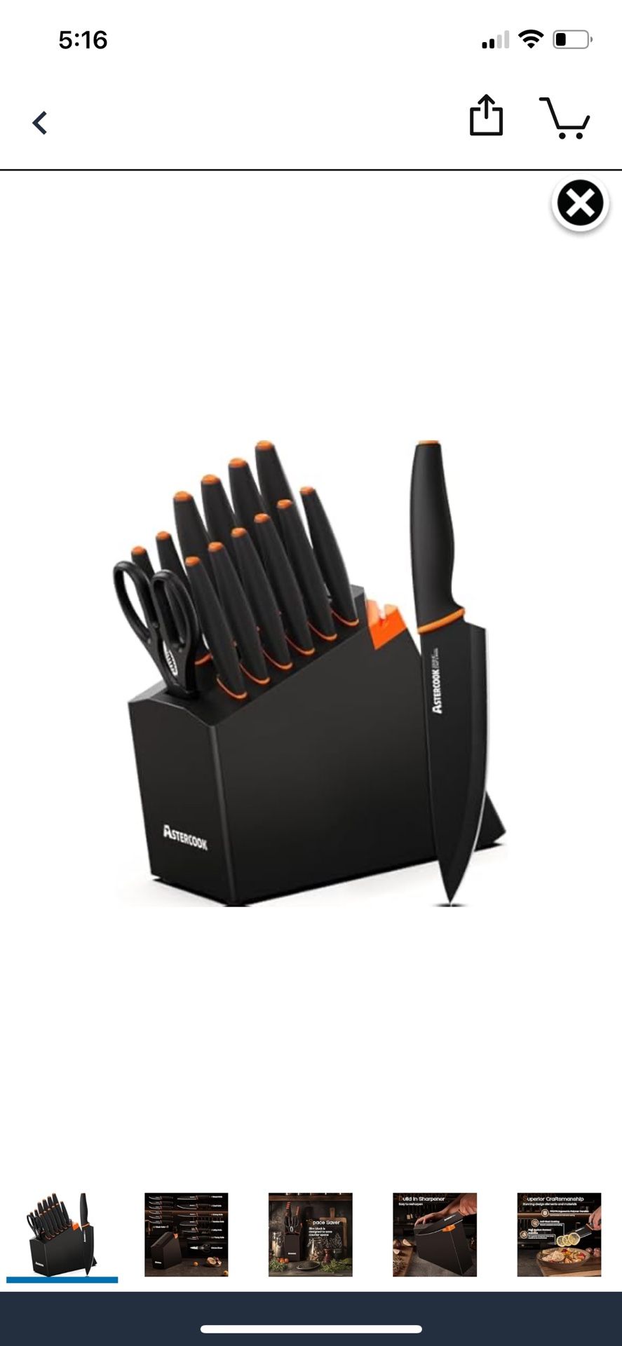 Astercook 15 Pcs Dishwasher Safe Knife Set with Built-in Sharpener