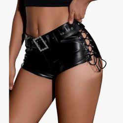 Women's Faux Leather Shorts Grommet Lace Up Buckle Belted See Images For Size. 