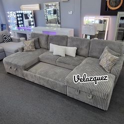 ✅️✅️3 pc Ash grey corduroy fabric sectional sofa with double storage chaise and pop up sleep area in center✅️✅️