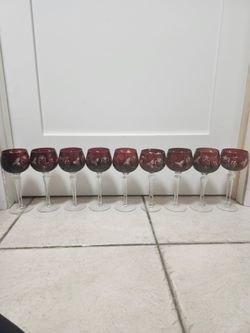 Vintage Ruby Red Cut-to-Clear Crystal Wine Glasses Set of 8 + 1 Bonus