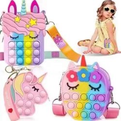 3PCS Pop It Purse Set for Girls – 2 Large Unicorn Pop Bags + 1 Mini Handbag with Keychain 