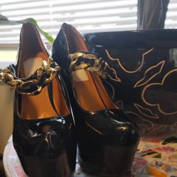 Black Patent Platform Heels w/ Gold Chain Strap