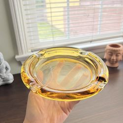 Vintage 8” Amber Glass Round Mid Century Ashtray