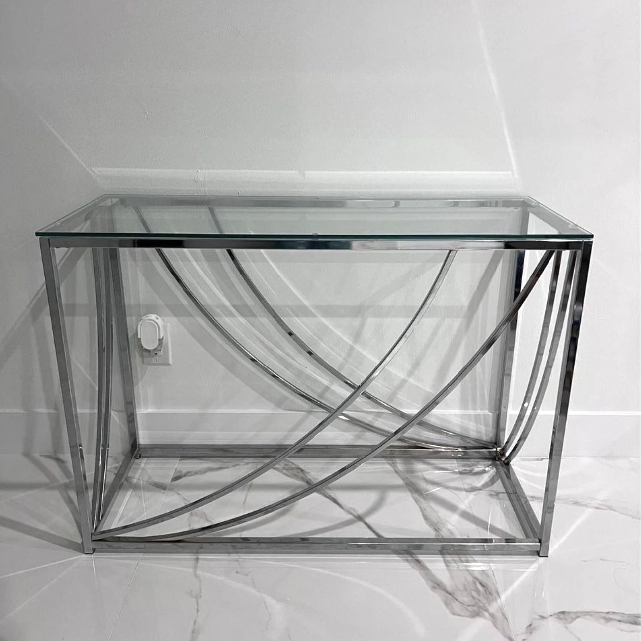 Chrome Glass Top Console Table 42”W