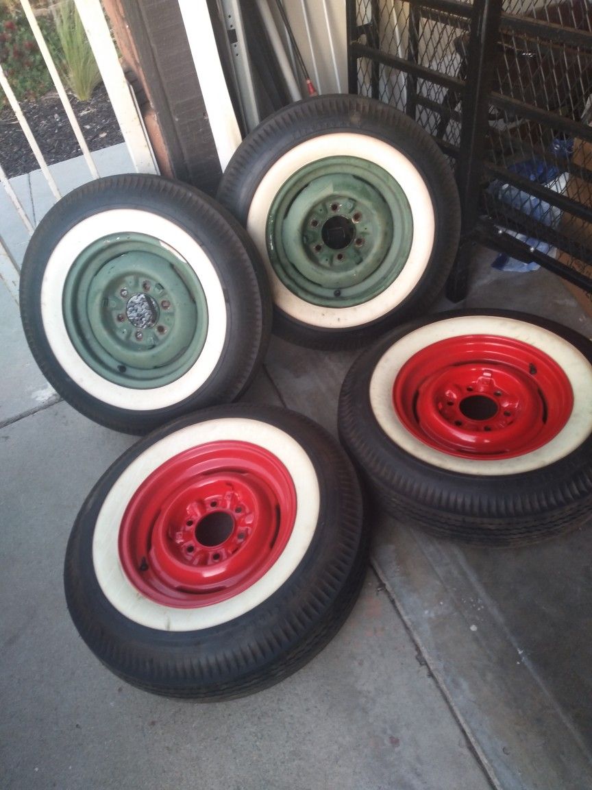 Firestone 6.70-15 White Walls Brand New On Chevy 6 Lug 15 Wheels Fleetline Bomb*No Flakes*