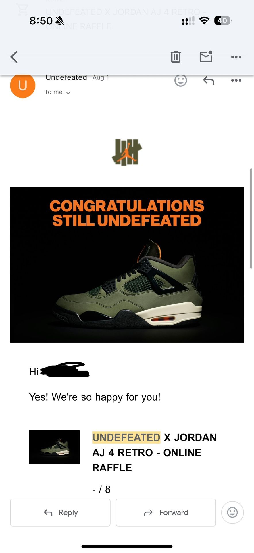 Undefeated x Jordan AJ IV Retro 2025 size 8 Nike