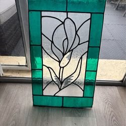 Vintage Stained Glass Panel Green Boho Cottagecore Decor