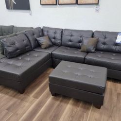 New Brown Faux Leather Sectional And Ottoman Sofa Couch With Reversible Chaise 