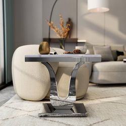 Modern End Table, 26" Square Living Room Side Table with White Top and Silver Mirrored Metal U-Base for Living Room, Bedroom, Office 