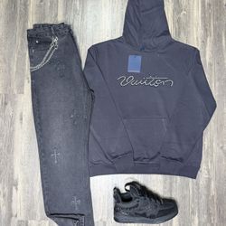 Louis Vuitton Hoodie, Chrome Heart Jeans, Lv Wallet Chain  And Shoes Brand New With Box And Dust Cover