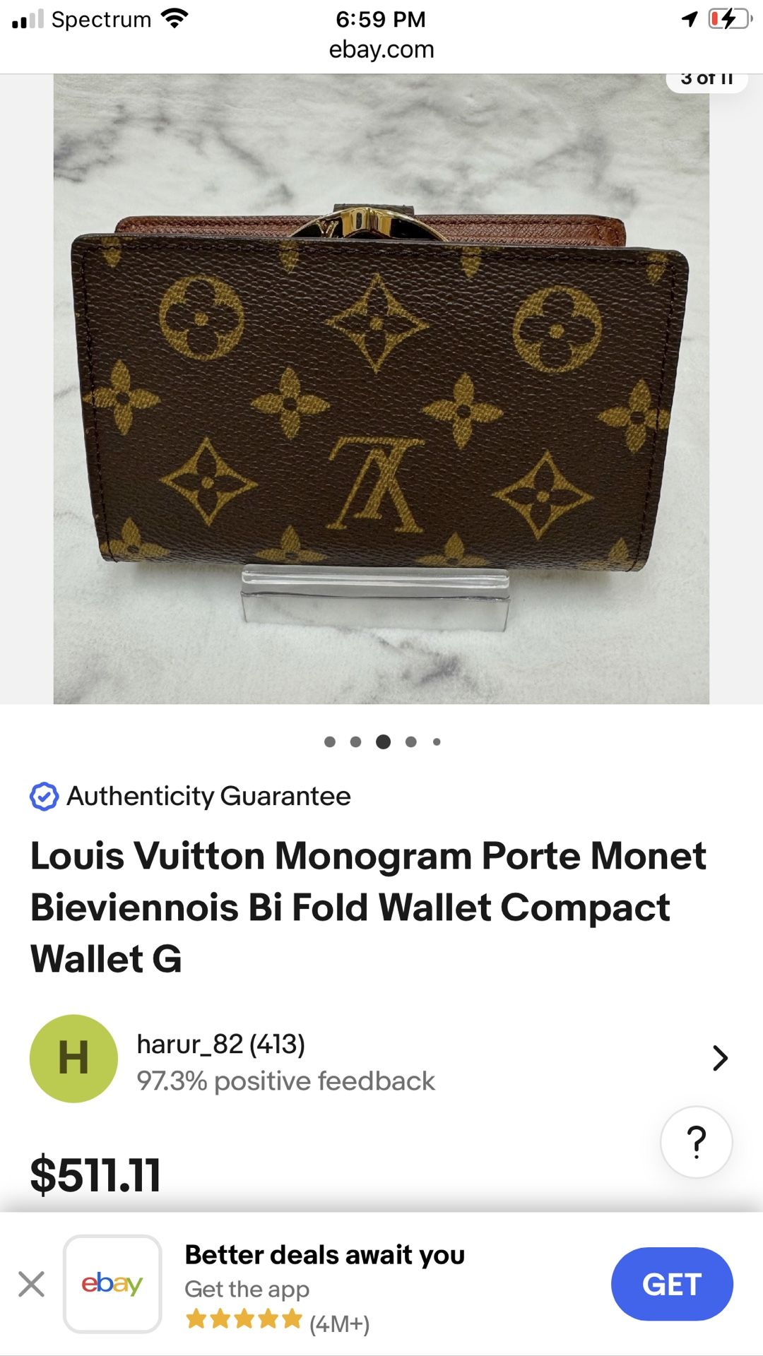 Louis Vuitton Monogram Porte Monet Bieviennois Bi Fold Wallet Compact Wallet