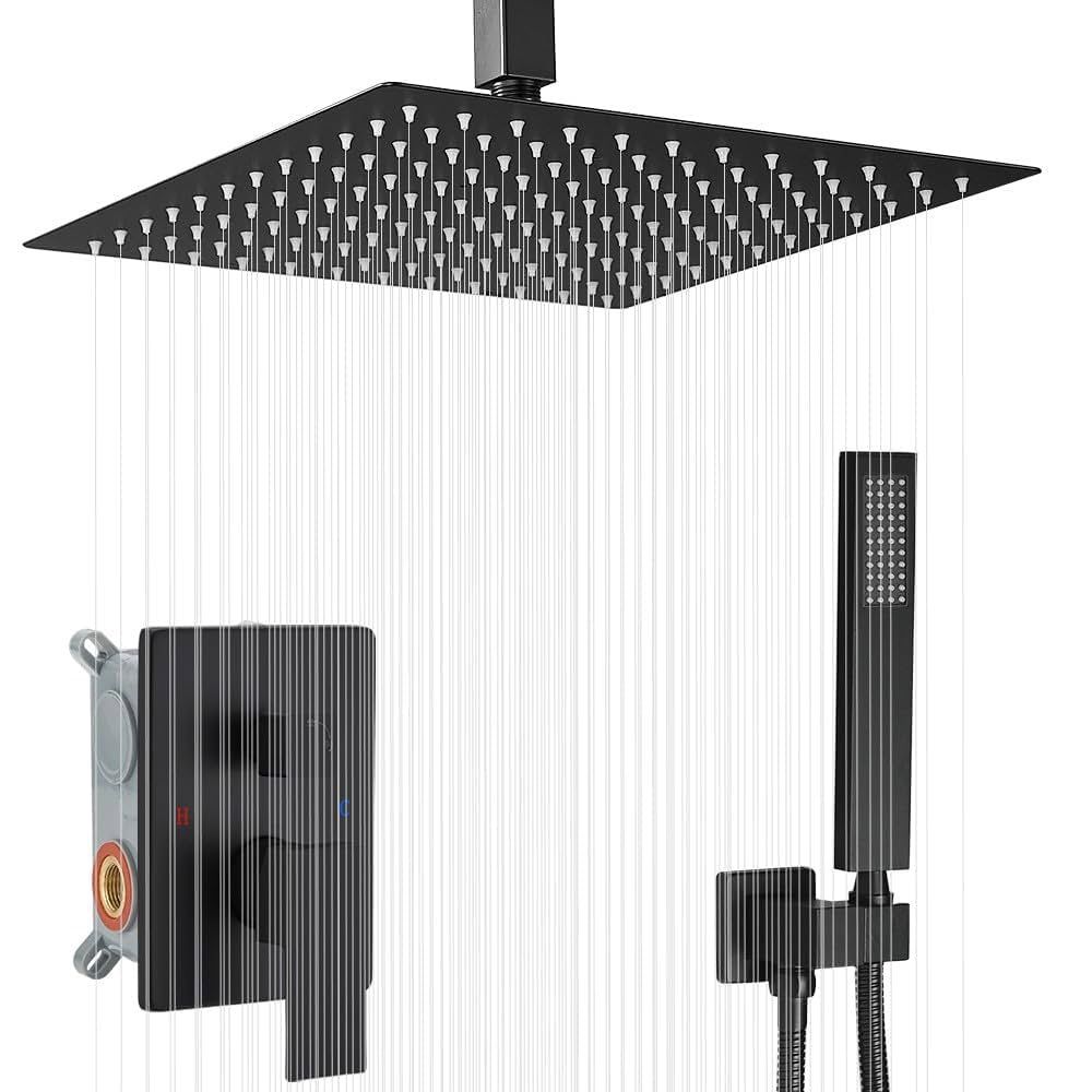 12 Inch Ceiling Mount Matte Black Shower System Bathroom Luxury Rain Mixer Shower Combo Set