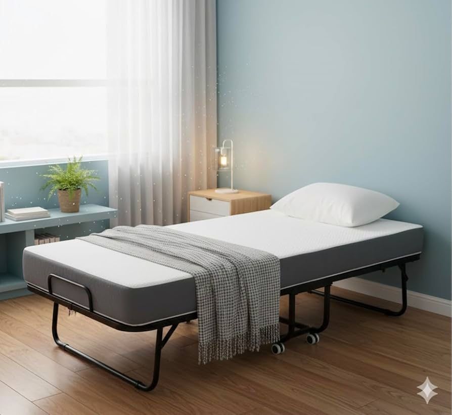Folding Bed with Mattress-5 Inch Memory Foam Mattress, 75" x 38" Twin Size Portable Guest Bed with Steel Frame & Lockable Wheels for Adults, Home, Off
