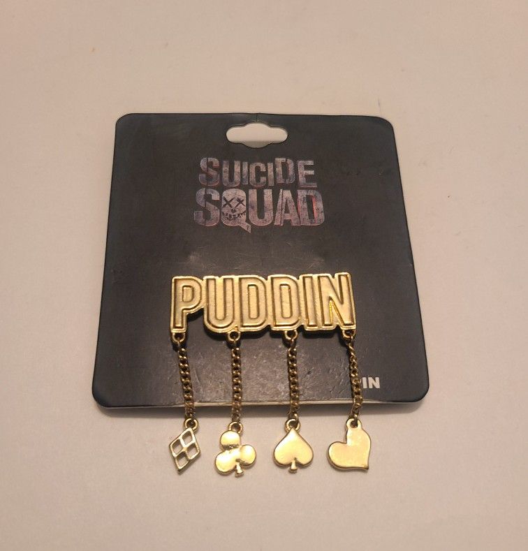 New Suicide Squad Harley Quinn Puddin' Gold Tone Pin w/ Dangle Charms DC Comics