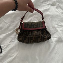Auth Fendi Zucca Shoulder Bag Nylon Leather Brown Red 12.6x7.1x2.0in AB Rank