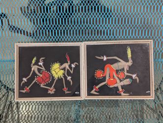 Vintage Tribal Dancer Paintings Signed Framed Mid Century Folk Art Set