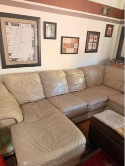 U-Shaped Creme-Colored Leather Couch