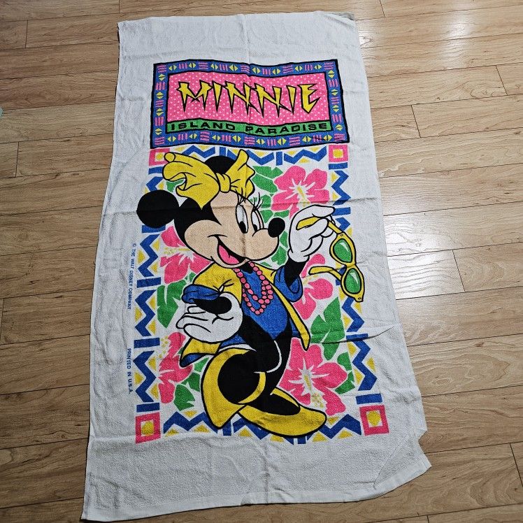 Vintage Disney Minnie Mouse Beach Towel Franco 80s 90s Colorful Vibrant 100% COTTON