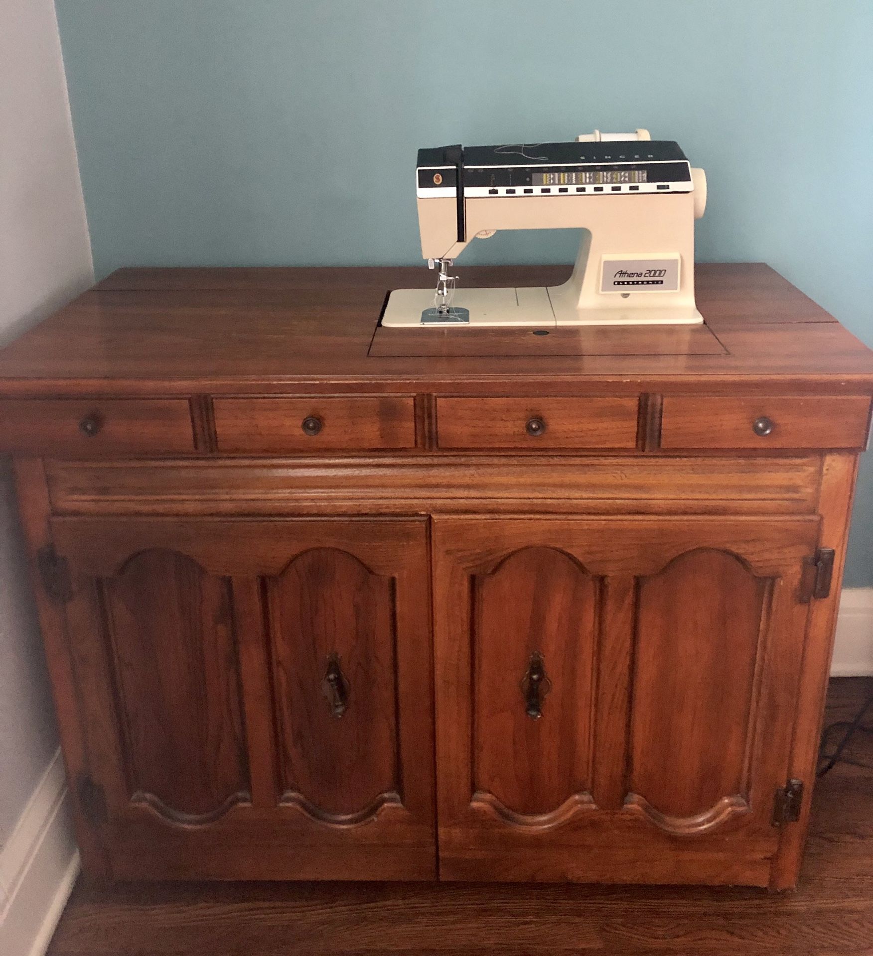 Oak Sewing Machine cabinet with Singer Athena 2000 Sewing Machine