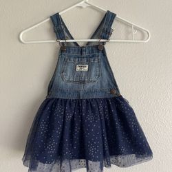OshKosh Girls Denim Blue Jean Jumper Dress 2T Overalls Tulle Gold Dots 24m