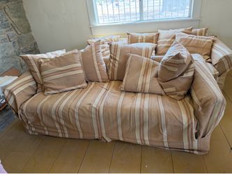 Pair of Ethan Allen Striped Slipcovered Sofas with Pillows
