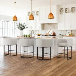 Set of 4 Counter Height Bar Stools, 27” Modern Barrel Counter Stools with Backrest and Arms,  Linen Fabric Upholstered Accent Barstools