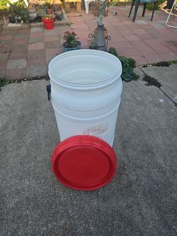 Large White Plastic Barrel with Red Lid