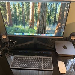 Apple Mac Mini Setup W/ Samsung 28” 4k Monitor, Keyboard, Apple Mouse, Speakers, Webcam