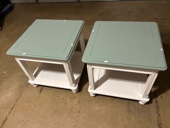 Pair of Wicker End Tables with Sage Tops