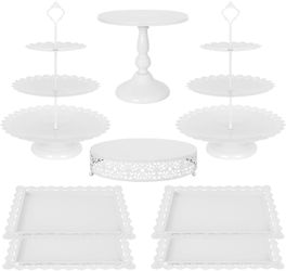 Fivenl 8 Pcs Cake Stand White Metal Dessert Table Display Set, 3-Tier Cupcake Stand, Cake Display Tower and Cookie Tray Rack Serving Tray for Birthday