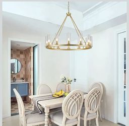 #1807G- Farmhouse Chandeliers for Dining Room,Metal Wagon Wheel Chandelier with Clear Glass Vintage Round Pendant Lights Kitchen Island Lighting Fixtu