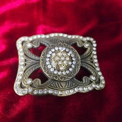 Antique Style Brass Belt Buckle w/ Large Crystal Incert& Crystal Righnstones 3.5"×2.5"