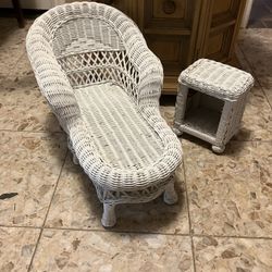 Vintage White Wicker Doll Chaise Chair and side table