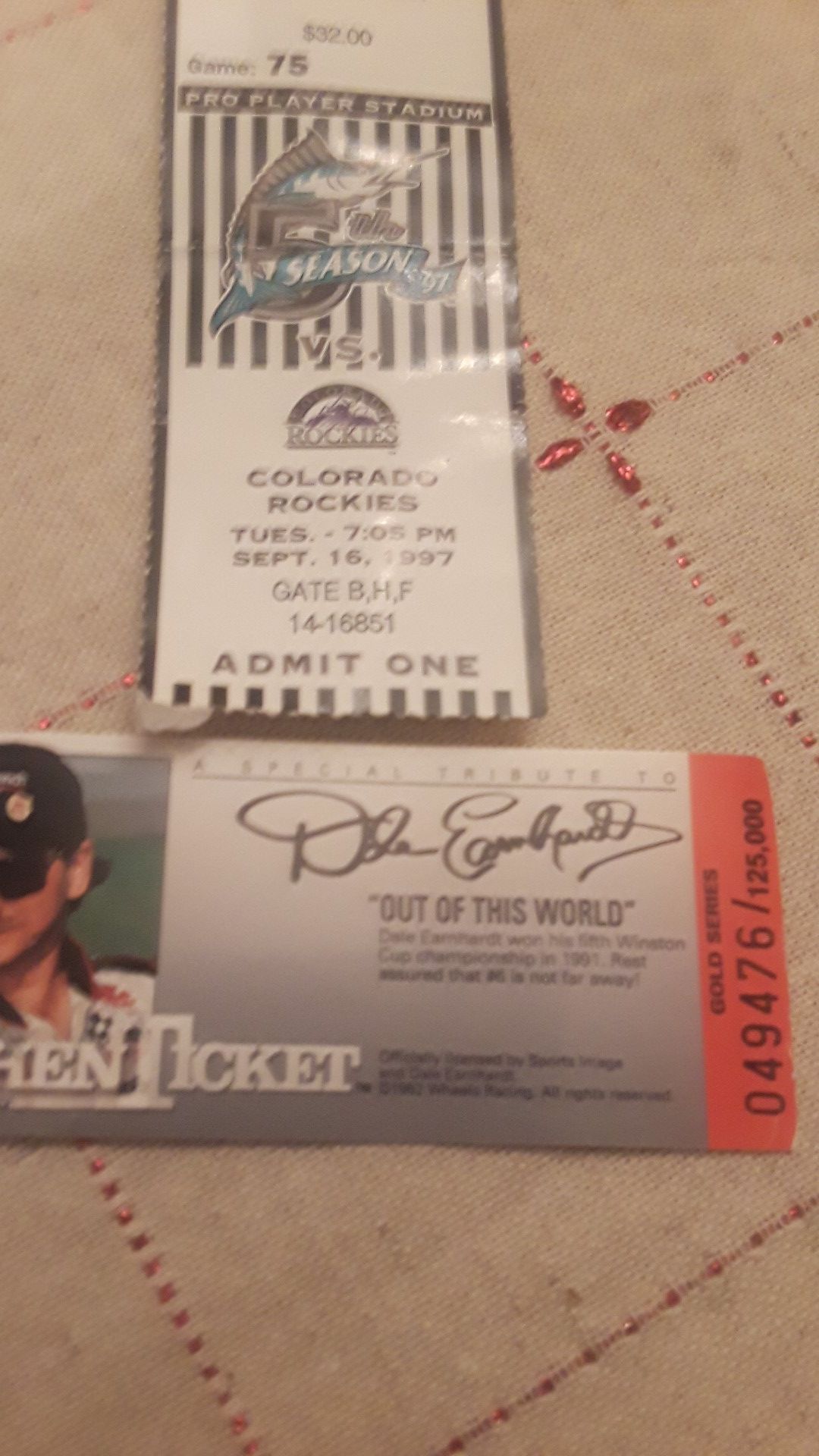 Tickets. Marlins vs Rockies 9/16/97 + Dale Earnhardt ticket