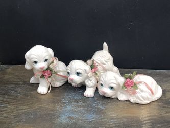 Adorable Pink Flower Porcelain Puppies Maltese Dog Figurine Set Of 3 Puppies Blue eyes Dogs
