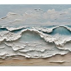 Art 30x60 inches Hand-Painted Sea Wave Beach Landscape Oil Painting Modern Abstract Canvas Art Home Office Wall Decoration