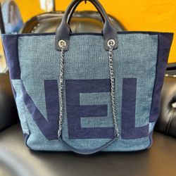 CHANEL Denim Deauville Logo Shopping Chain Tote Large Bag & Card