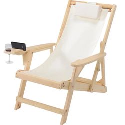 NATURAL BEIGE WOOD SLING CHAIR W/CUPHOLDER
