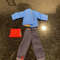 Vintage Blue Pleather Leather Jacket, Denim Jeans & Red Handbag for Barbie Dolls