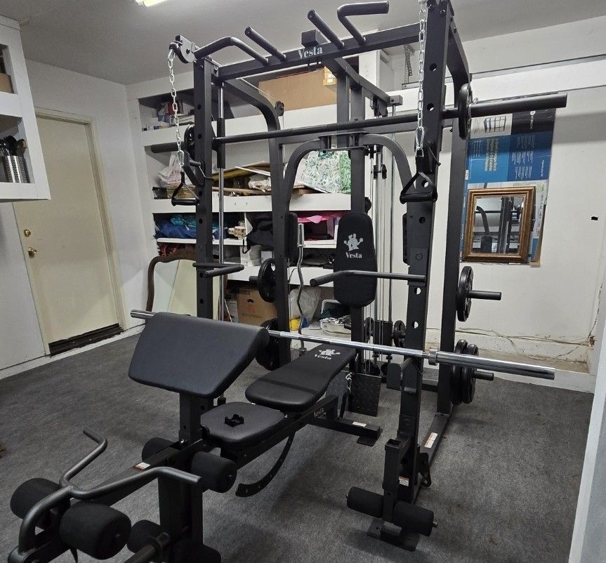 Vesta Smith Machine 1001 | Adj Bench W/ Leg Developer And Preacher Station |Gym Equipment | Fitness | Pulleys|🔴WEIGHTS AND BARBELL SOLD SEPARATELY 🔴