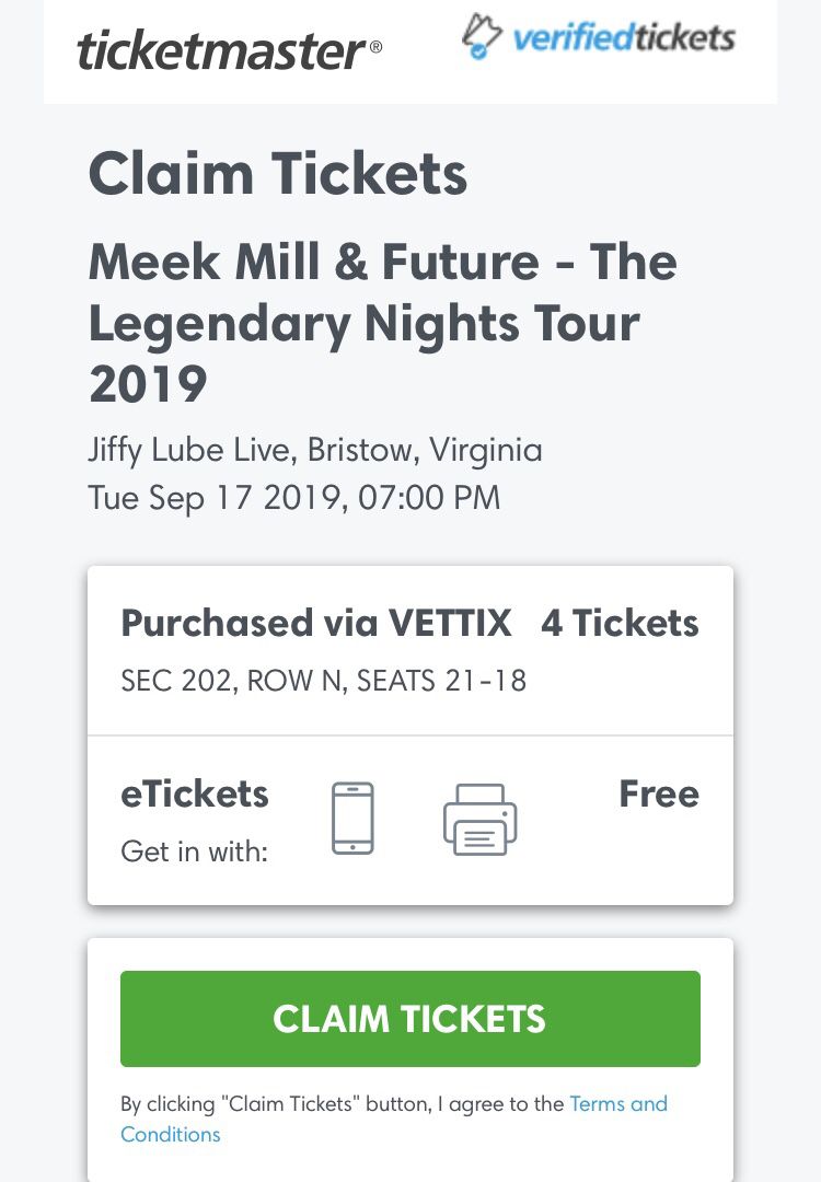 Meek Mill and Future Concert Tickets For September 17th at Jiffy Lube Live -4 tickets=180 or $45 per ticket