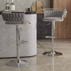 Swivel Adjustable Height Low Back Silver Metal Frame Bar Stool with Gray Velvet Seat Cushion (set of 2)
