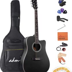 ADM Beginner Acoustic Guitar, 41 Inch Kids Students Cutaway Guitar Bundle Free Lessons with Gig Bag, Tuner, Strap, Picks, Extra Strings, Black