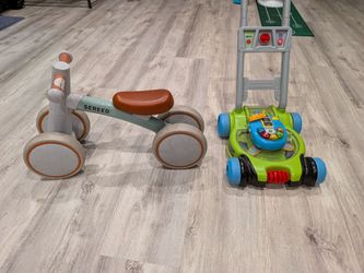Toddler bike, lawn mower ball popper