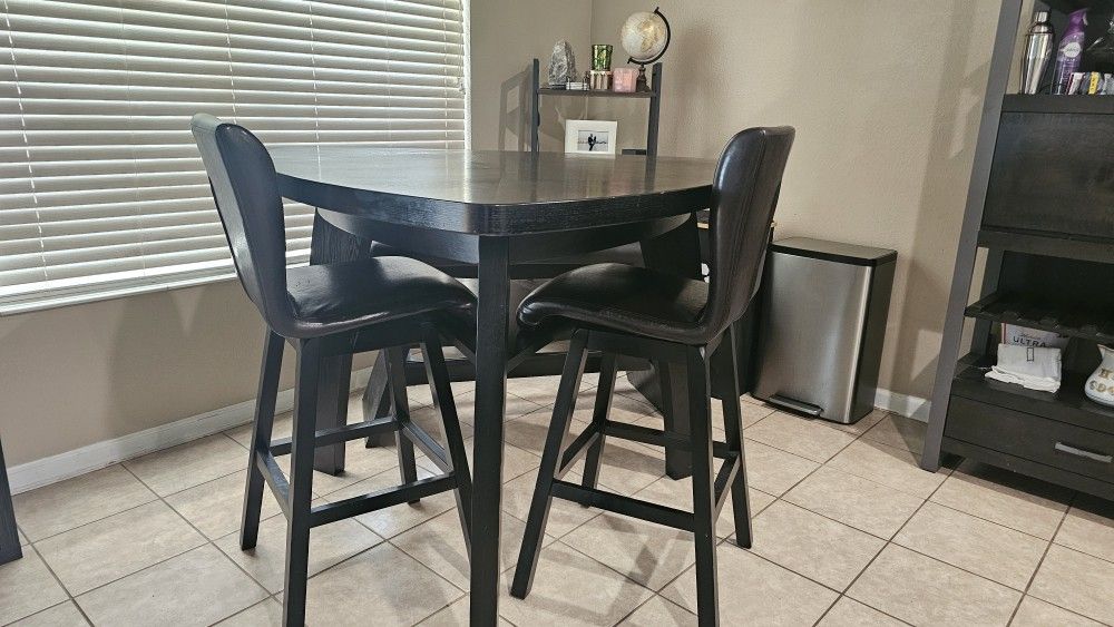 High Top Table +Bench + 2 Swivel Bar Stools