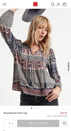 Lucky Brand Navy and Blush Mixed Border Print Peasant Top size XS