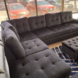 Black Sectional Velvet Material Storage Ottoman Included NEW