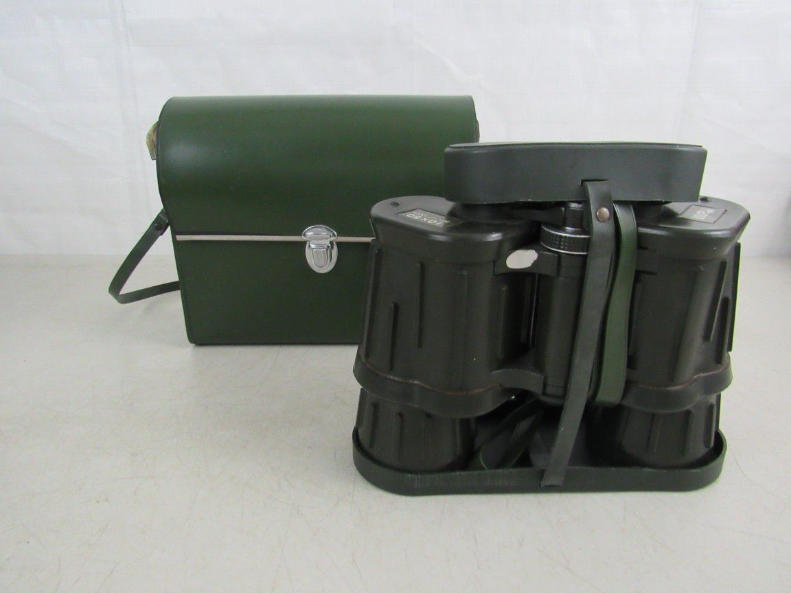 Manon Binoculars 10x50 Olive Green Lens Covers & Carry Case Vtg. Japan



