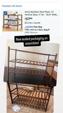 Bamboo Shoe Rack, 14 Vertical Slats, 3 Tier - 26.8" Wide, Walnut Stackable Free Standing Wooden Shoe Organizer, Wood Shoe Storage Shelf for Closet, En
